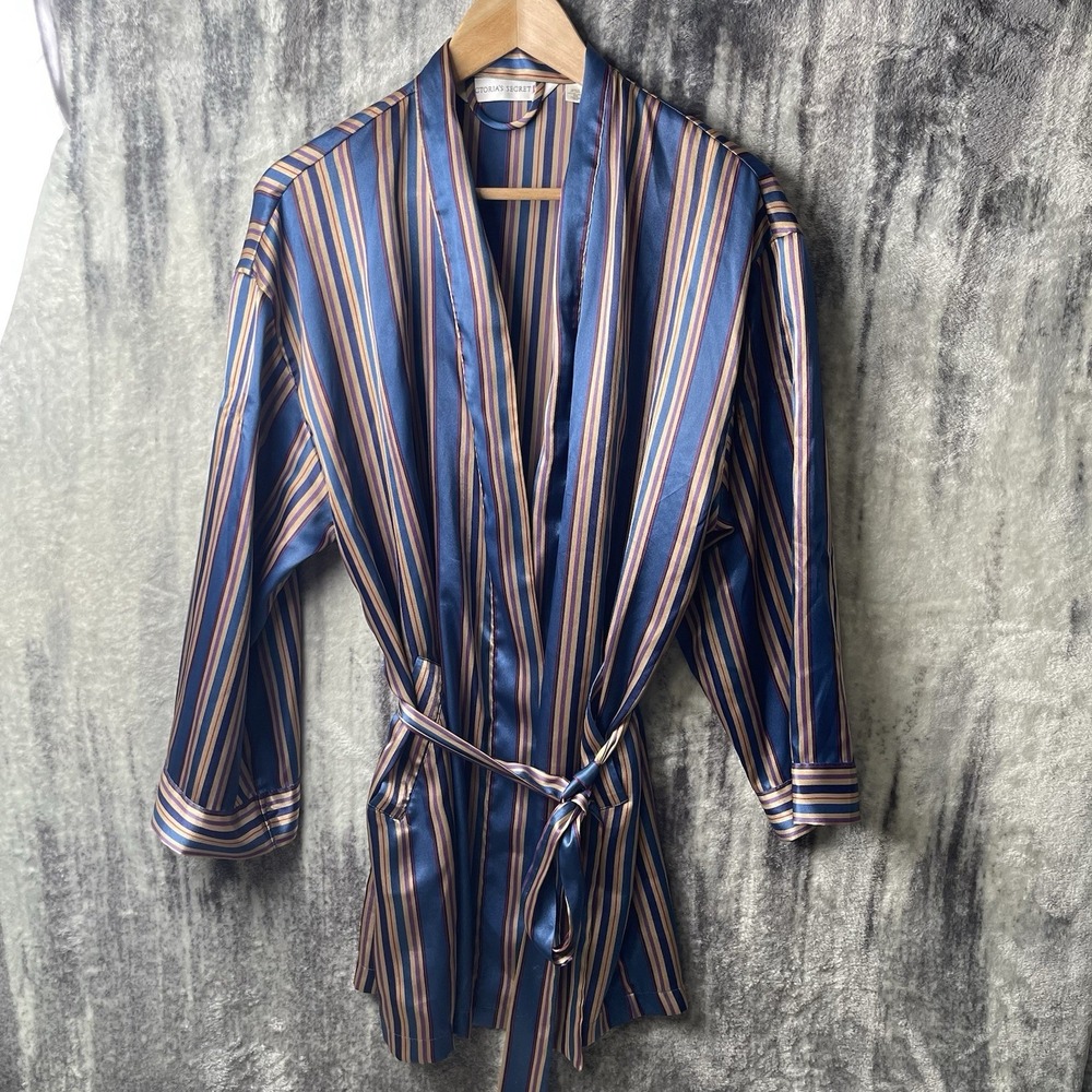 Victoria's Secret Glossy‎ Striped Satin Robe, Long Sleeved With Tie Size Small